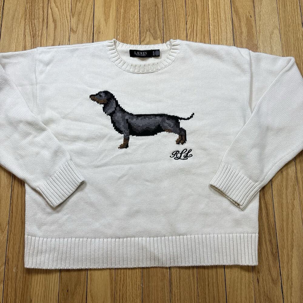 Lauren Ralph Lauren Women’s XL Cream Dachshund Dog Intarsia Cotton Knit Sweater